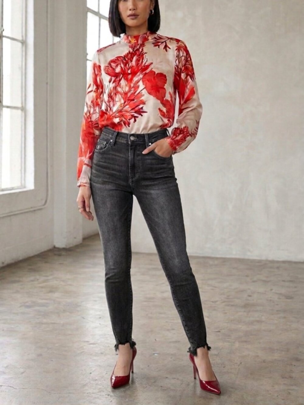 Karen by Simonsen Blouse Women 4 / EU 36 Red Mercy Floral Long Sleeve Mock Neck
